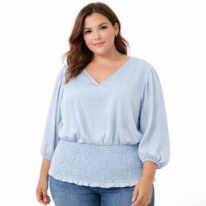 The Line of Style Womens 3X Blue Satin Smocked Waist Balloon Sleeve Blouse